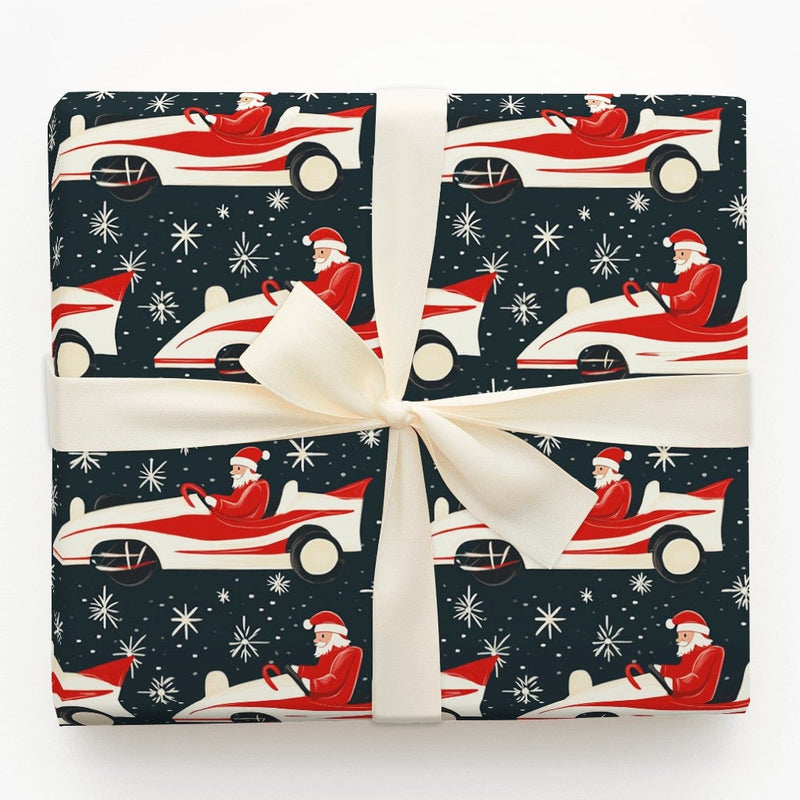 Vintage Car Holiday Wrapping Paper, Retro Race Car Santa Wrapping Paper, Christmas Racing Gift Wrapping Paper, Festive Motorsport Gift Wrap