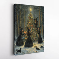 Gothic Holiday Canvas Wall Art, Witches Decorating Christmas Tree Canvas, Snowy Forest Witchy Canvas Print, Spooky Xmas Winter Home Decor