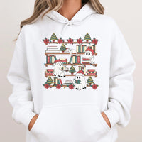 Adorable Spooky Bookish Holiday Hooded Sweatshirt, Christmas Ghost Bookshelf Hoodie, Reading Ghost Library Pullover, Book Lover Comfy Sweater