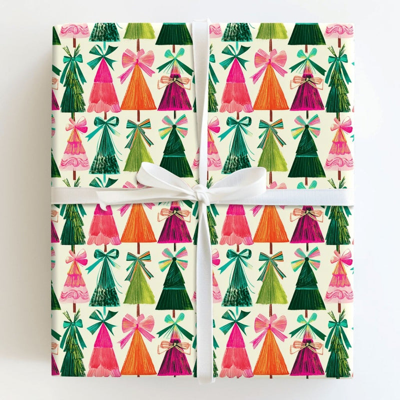 Bow Christmas Wrapping Paper, Retro Colorful Tree Wrapping Paper, Modern Holiday Gift Wrap Roll, Vibrant Seasonal Xmas Wrapping Paper