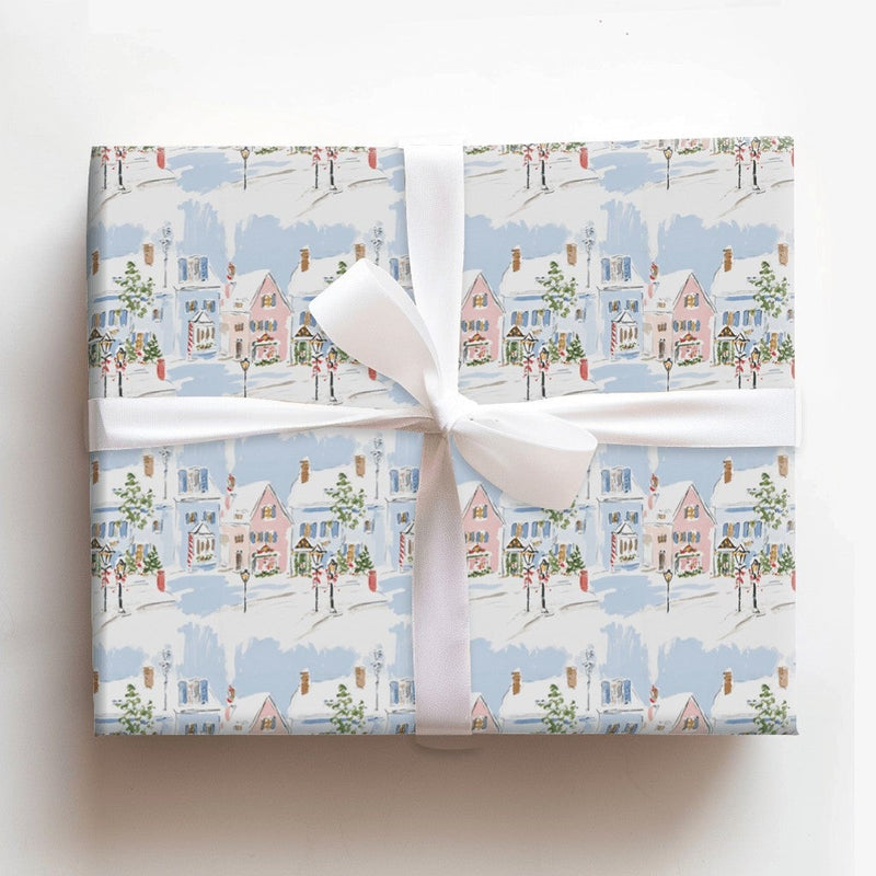 Watercolor Christmas Town Gift Wrap, Snowy Village Wrapping Paper, Winter Scene Wrapping Paper, Comfy Holiday Present Paper Wrap Roll