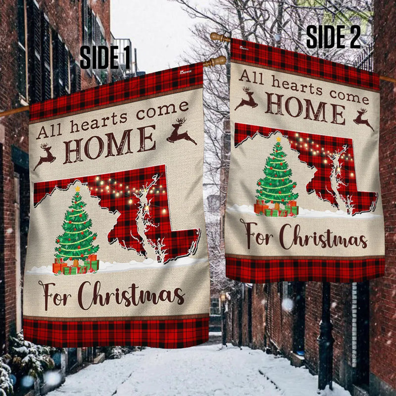 All Hearts Come Home Holiday Flag, Maryland Christmas Garden Flag, Buffalo Plaid State Map Flag, Double-Sided MD Winter Decor Present
