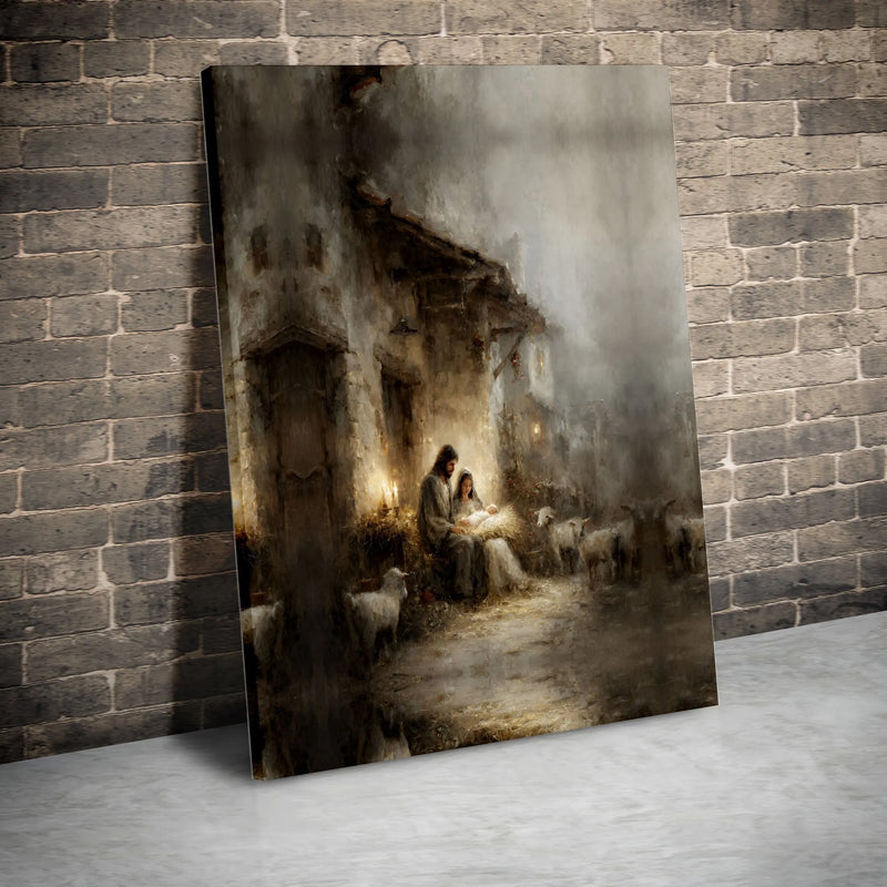 Holy Family Manger Print, Nativity Scene Canvas Wall Art, Religious Christmas Poster, Christian Holiday Decor, Digital Download