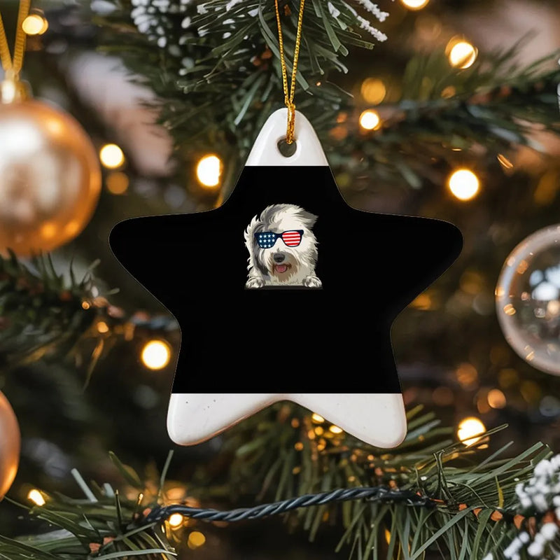 Patriotic Dog Christmas Ornament, Old English Sheepdog Ceramic Star Ornament, USA Flag Sunglasses Ornament, Holiday Dog Lover Star Keepsake