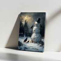 Moody Cottage and Crows Wall Art, Dark Winter Snowman Canvas Print, Gothic Christmas Canvas, Winter Landscape Decor, Holiday Canvas Art