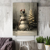 Winter Cardinal Canvas Print, Christmas Snowman Canvas Wall Art, Holiday Scene Wall Art, Rustic Xmas Wall Decor, Christmas Home Art Present