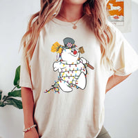 Festive Holiday Lights Shirt, Snowman Christmas Graphic T-Shirt, Adorable Winter Snowman Tee, Retro Xmas Cartoon Graphic T-Shirt Present