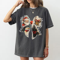 Retro Santa Reindeer Graphic Tee, Christmas Coquette Bow T-Shirt, Adorable Holiday Season T-Shirt, Girly Xmas Graphic Shirt, Holiday Present Tee