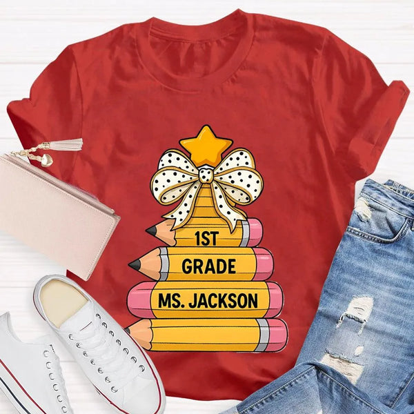 Custom Holiday Teacher T-Shirt, Personalized Christmas Tree Grade Shirt, Festive School Season Graphic Tee, Winter Educator P
