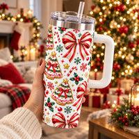 Red Ribbon Gingerbread Tree Cookie 40oz Tumbler, Candy Stripe Bow Christmas Tumbler, Holiday Candy Cane Insulated Tumbler, Xmas Present
