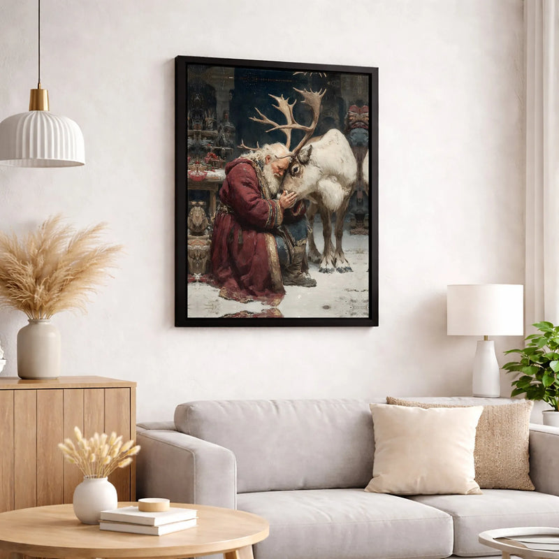 Whimsical Christmas Wall Art, Vintage Santa Claus and Reindeer Canvas Art, Holiday Portrait Canvas Print, Xmas Home Decor Present
