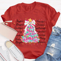 Aesthetic Holiday Graphic Tee, Joyful Peaceful Cheerful Christmas Tree T-Shirt, Retro Xmas Tree Shirt, Festive Winter Holiday Party Top