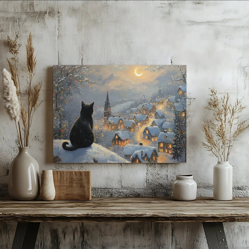 Snowy Village Canvas Print, Black Cat Christmas Canvas Wall Art, Comfy Holiday Winter Wall Decor, Festive Cat Lover Canvas Art Present
