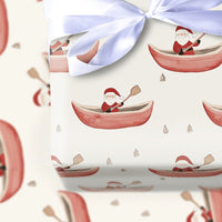 Watercolor Red Canoe Gift Wrap, Santa in Canoe Wrapping Paper, Winter Pine Tree Wrapping Paper, Whimsical Christmas Wrapping Paper Roll