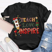 Festive Tree Lights Teacher Tee, Teach Love Inspire Christmas T-Shirt, Holiday Educator Shirt, Merry Christmas School Teacher Present