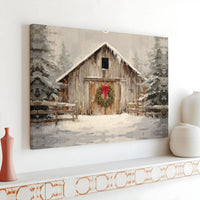 Christmas Wreath Winter Landscape Wall Art, Rustic Snowy Barn Canvas Print, Farmhouse Holiday Decor, Comfy Christmas Scene Canvas