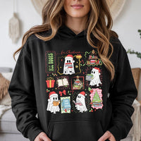 Adorable Reading Ghost Bookish Hoodie, Christmas Ghost Hoodie, Comfy Book Lover Holiday Sweatshirt, Librarian Xmas Graphic Pullover Hoodie