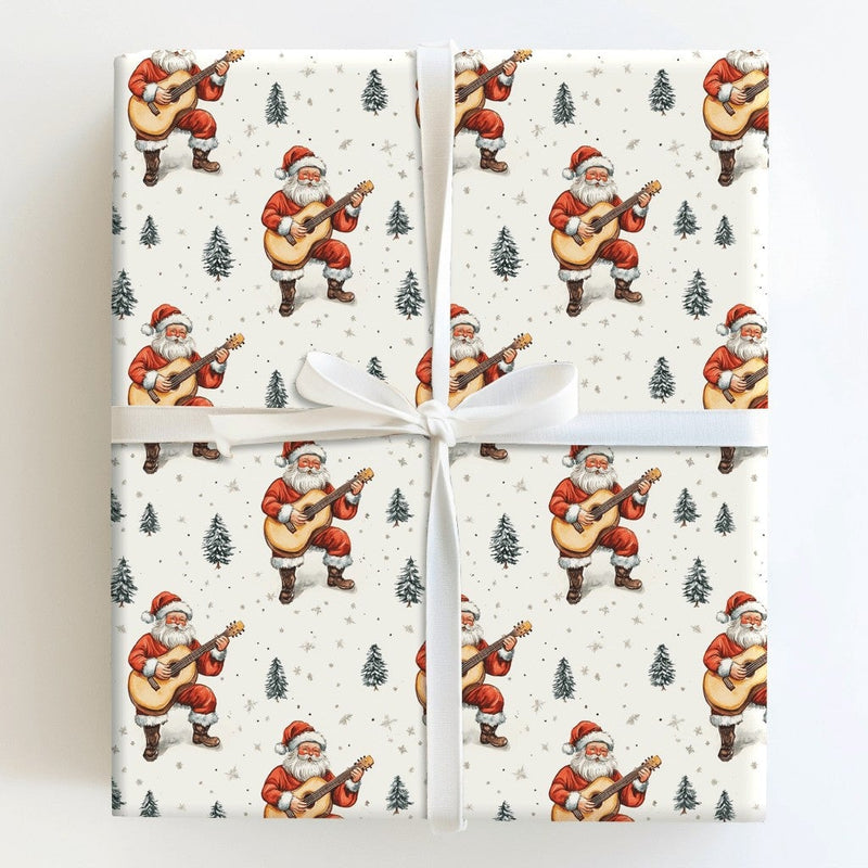 Musical Santa Claus Holiday Gift Wrap, Acoustic Guitar Santa Wrapping Paper, Musician Xmas Wrapping Paper, Festive Christmas Wrapping Paper