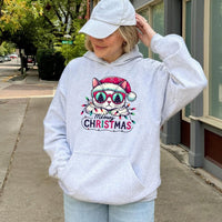 Santa Hat Cat Holiday Hoodie, Meowy Christmas Hoodie, Adorable Festive Kitten Hoodie, Humorous Cat Lover Xmas Graphic Hooded Sweatshirt Present