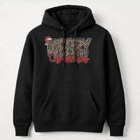 Festive Santa Hat Graphic Sweatshirt, Merry Christmas Leopard Print Hoodie, Adorable Cheetah Holiday Pullover, Winter Hooded Sweater