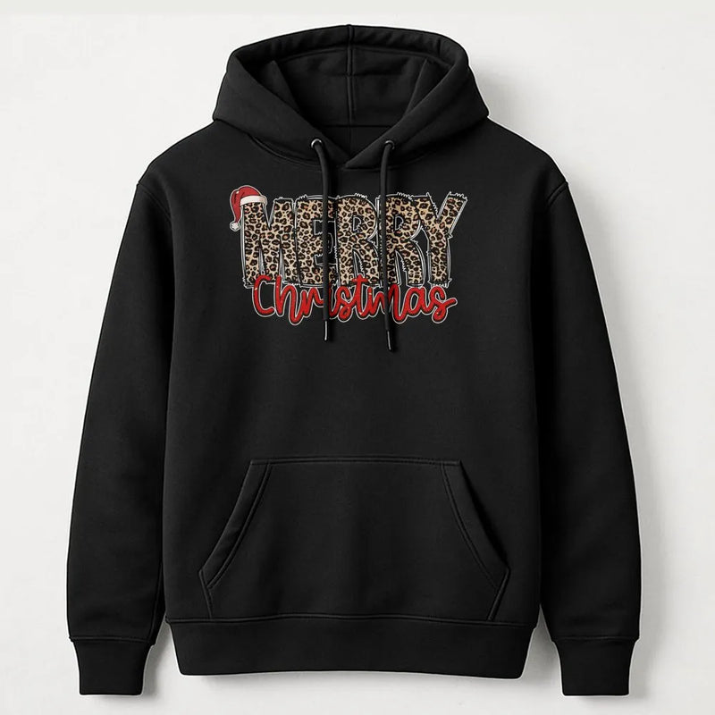 Festive Santa Hat Graphic Sweatshirt, Merry Christmas Leopard Print Hoodie, Adorable Cheetah Holiday Pullover, Winter Hooded Sweater