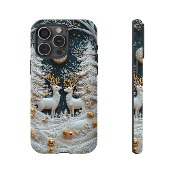 3D Relief Snowy Forest Moonlit Phone Cover, Winter Reindeer iPhone Case, Dual Layer Tough Phone Case, Christmas Holiday Prese