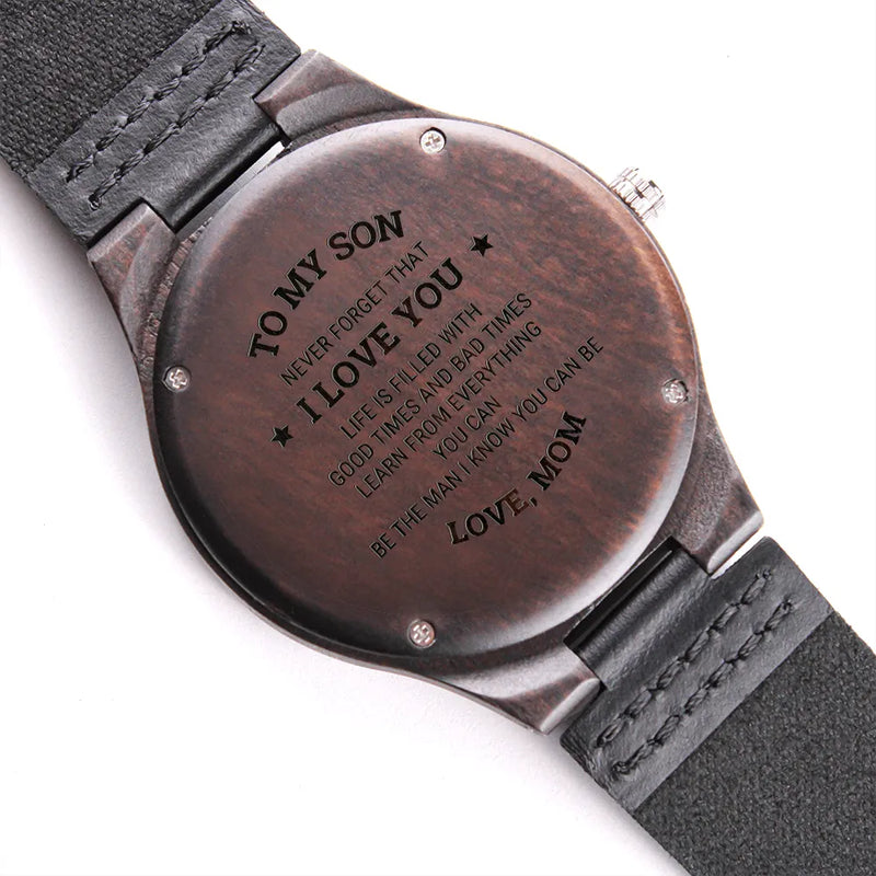 Engraved Wood Leather Strap Mens Watch from Mom, To My Son Sandalwood Watch, Son Birthday Graduation Christmas Keepsake Timepiece