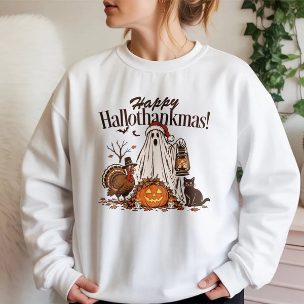 Humorous Ghost Santa Hat Crewneck, Happy Hallothankmas Sweatshirt, Halloween Thanksgiving Sweater, Spooky Christmas Pullover,