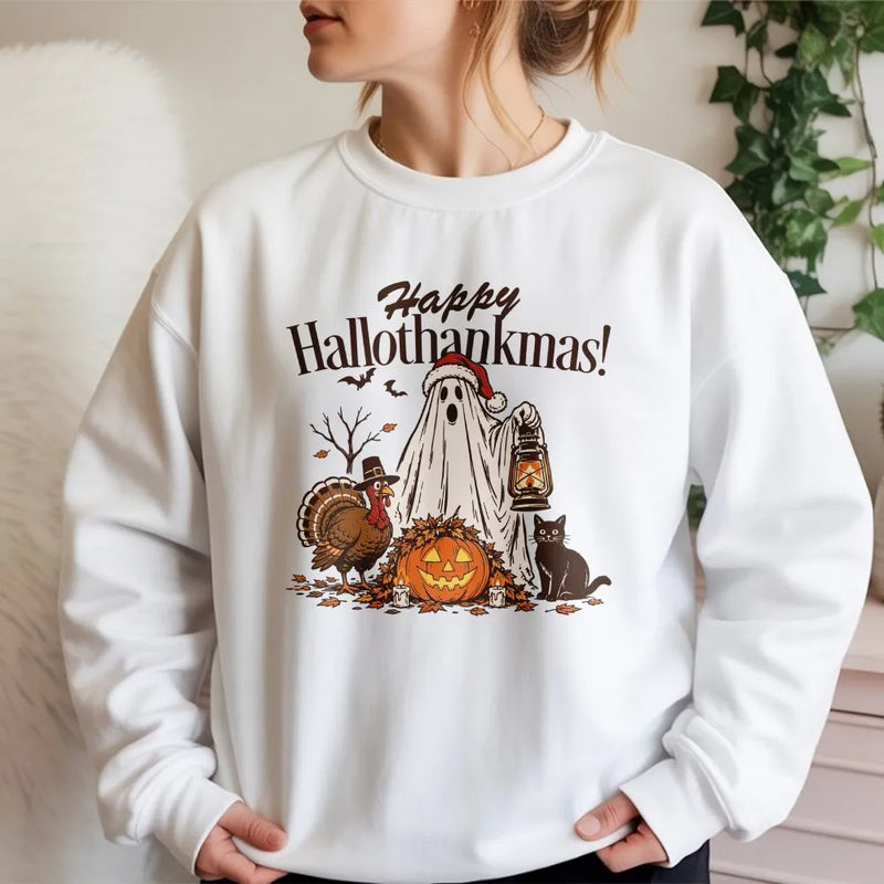 Humorous Ghost Santa Hat Crewneck, Happy Hallothankmas Sweatshirt, Halloween Thanksgiving Sweater, Spooky Christmas Pullover, Fall Winter Present