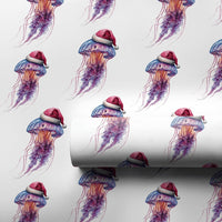 Coastal Holiday Gift Wrap, Jellyfish Christmas Wrapping Paper, Santa Hat Sea Life Present Wrap Roll, Ocean Lover Christmas Wrapping Paper