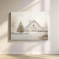 Snowy Red Barn and Christmas Tree Wall Art, Winter Farmhouse Canvas Print, Rustic Winter Holiday Canvas Decor, Comfy Xmas Season Present