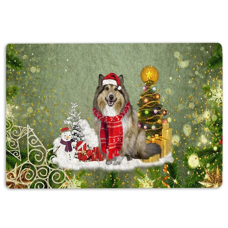 Winter Snow Tree Welcome Mat, Rough Collie Christmas Doormat, Holiday Pet Entryway Rug, Dog Lover Floor Mat, Indoor Outdoor Decor