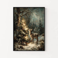 Vintage Fawn Snowy Forest Art Poster, Christmas Deer Wall Art Poster, Rustic Holiday Tree Wall Decor, Xmas Artwork, Digital Download Poster