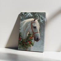 Holly Wreath Winter Scene Canvas Print, Christmas White Horse Canvas Wall Art, Farmhouse Horse Wall Art, Winter Holiday Canvas
