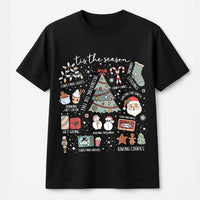 Adorable Holiday Icons Graphic Tee, Tis the Season Christmas T-Shirt, Retro Xmas Tree Santa Shirt, Festive Winter Aesthetic Holiday T-Shirt