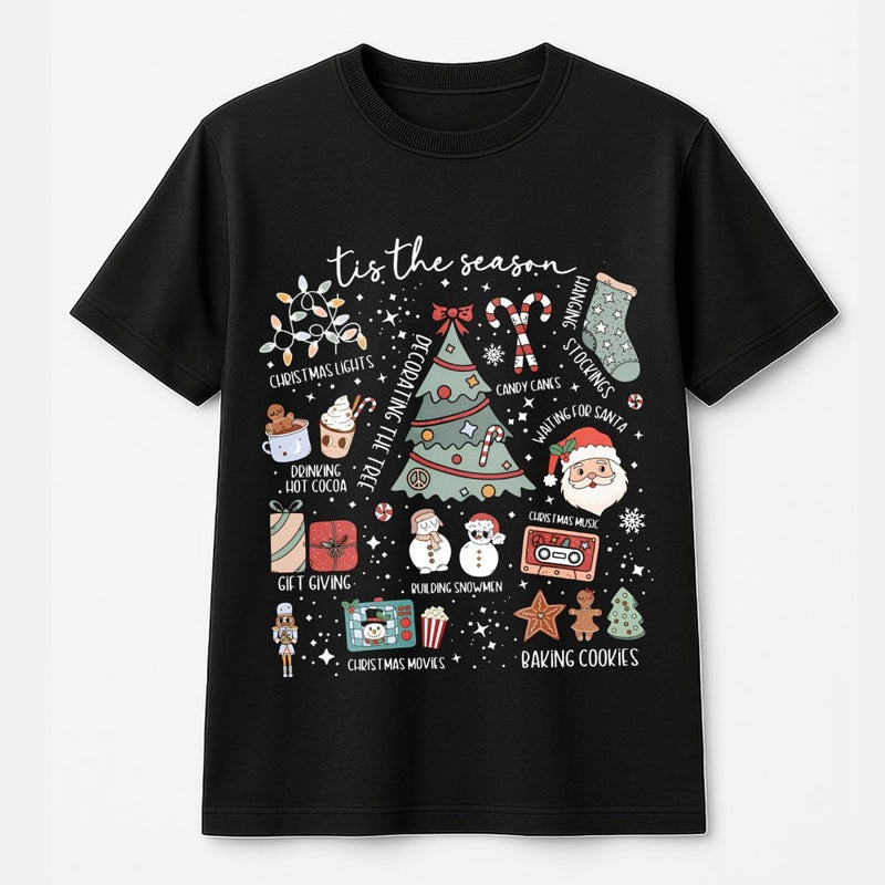 Adorable Holiday Icons Graphic Tee, Tis the Season Christmas T-Shirt, Retro Xmas Tree Santa Shirt, Festive Winter Aesthetic Holiday T-Shirt
