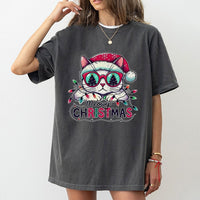 Humorous Cat Santa Hat Shirt, Meowy Christmas T-Shirt, Adorable Holiday Kitten Tee, Retro Christmas Cat Graphic Tee, Xmas Present for Cat Lovers