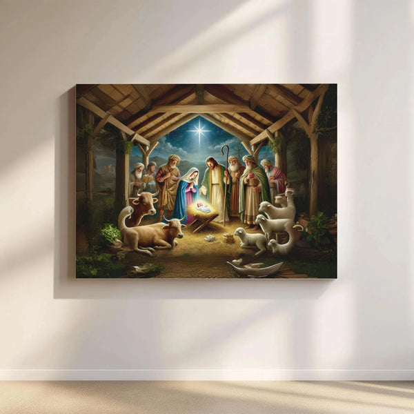 Christmas Manger Bethlehem Star Oil Painting Canvas Art, Holy Nativity Scene Canvas, Christian Religious Print, Xmas Home Wal