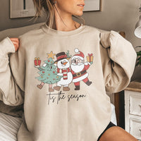 Retro Santa Snowman Tree Holiday Crewneck, Tis the Season Christmas Sweatshirt, Vintage Christmas Sweater, Family Xmas Sweatshirt