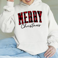 Retro Buffalo Plaid Christmas Sweatshirt, Merry Christmas Hoodie, Comfy Holiday Pullover, Winter Season Plaid Hooded Sweater Xmas Present
