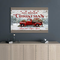 Red Truck Winter Canvas Print, All Roads Lead Home at Christmas Canvas, Rustic Holiday Wall Art, Farmhouse Xmas Canvas, Grandparents Present