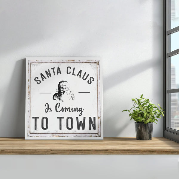 Vintage Santa Claus Square Canvas Print, Santa Is Coming to Town Canvas, Retro Holiday Typography Canvas Art, Christmas Wall 