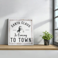 Vintage Santa Claus Square Canvas Print, Santa Is Coming to Town Canvas, Retro Holiday Typography Canvas Art, Christmas Wall Decor Canvas