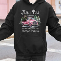 Retro Pink Christmas Truck Sweatshirt, North Pole Tree Farm Hoodie, Festive Farmhouse Holiday Pullover, Comfy Xmas Winter Sweater