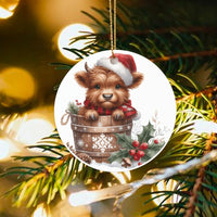 Baby Calf Santa Hat Ornament, Highland Cow Christmas Ornament, Rustic Farmhouse Cow Tree Ornament, Adorable Ceramic Cow Ornament, Holiday Present