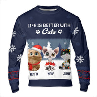 Life is Better with Cats Christmas Sweater, Personalized Cat Ugly Christmas Sweater, Custom Pet Holiday Sweater