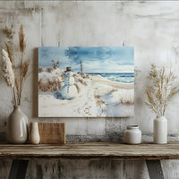 Watercolor Coastal Canvas Wall Art, Winter Beach Snowman Canvas Print, Tropical Holiday Canvas Art, Adorable Christmas Season Wall Decor Present
