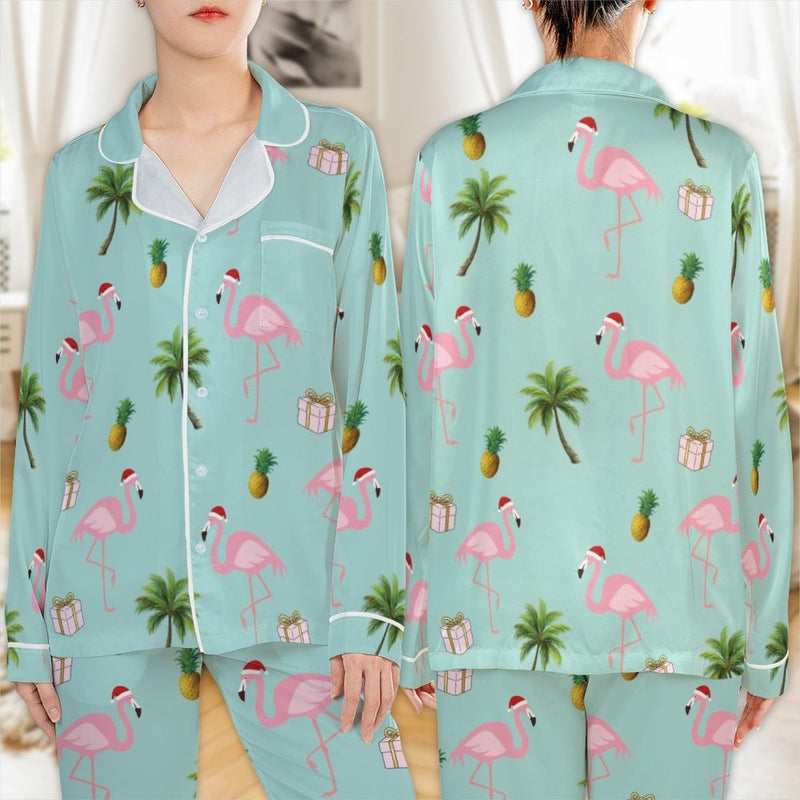 Christmas Flamingo Pajama Set, Tropical Flamingo Santa Satin Pajamas, Festive Holiday Loungewear, Silky Pajama Sleepwear, Xmas Present for Her