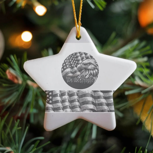 We the People Star Ornament, Patriotic Eagle Christmas Ornament, American Flag Ceramic Keepsake, Veteran Holiday Tree Ornamen