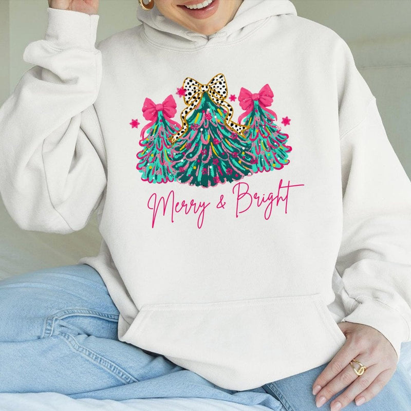 Pastel Christmas Tree Hooded Sweatshirt, Merry and Bright Christmas Hoodie, Aesthetic Holiday Hoodie, Comfy Winter Pullover Present for Her